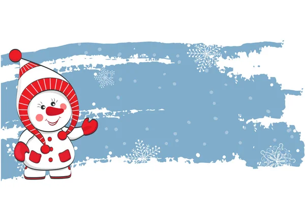 Ano Novo vetor banner. Boneco de neve em um chapéu em um fundo azul com flocos de neve —  Vetores de Stock