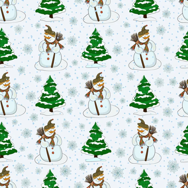 Patrón sin costuras con árboles de Navidad nevados, muñeco de nieve y nieve . — Vector de stock