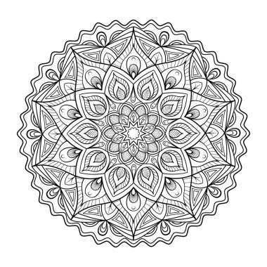 Beyaz arka planda dairesel mandala. Siyah beyaz renkli, dövmeli.