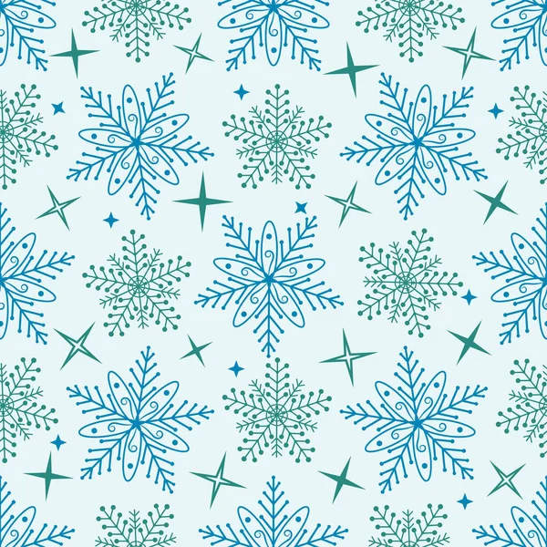 Patrón sin costuras con encaje azul y copos de nieve turquesa — Vector de stock