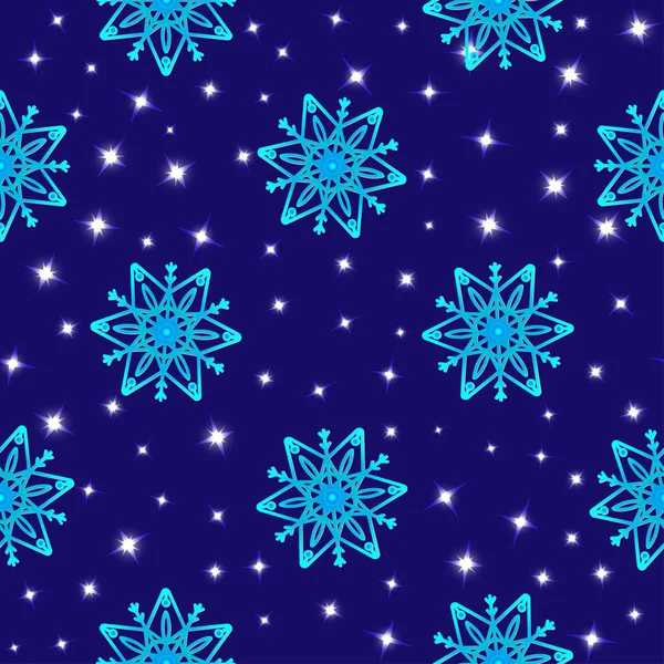 Płynny wzór z neonowymi płatkami śniegu na ciemnoniebieskim gwiaździstym niebie. — Wektor stockowy