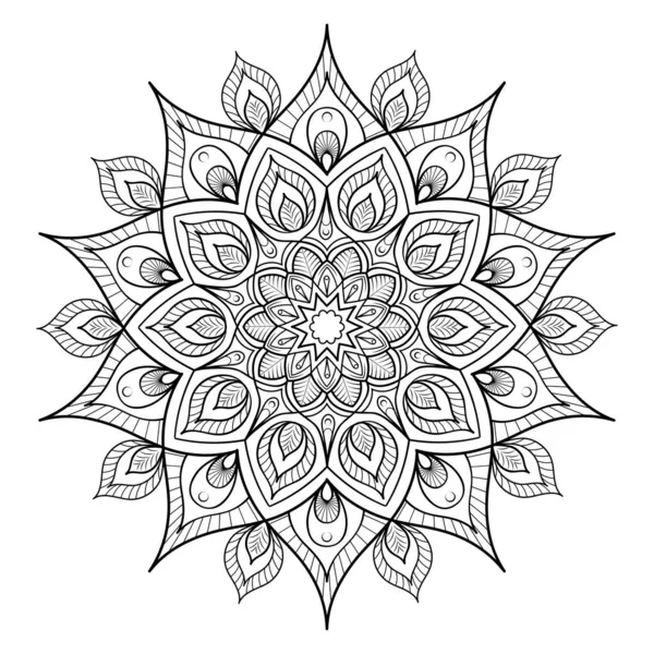 Ronde mandala met bloemblaadjes. Zwart-wit kleuring, tatoeage — Stockvector