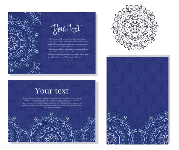 Kartenset mit dem Bild eines runden Mandalas auf blauem Hintergrund. — Stockvektor