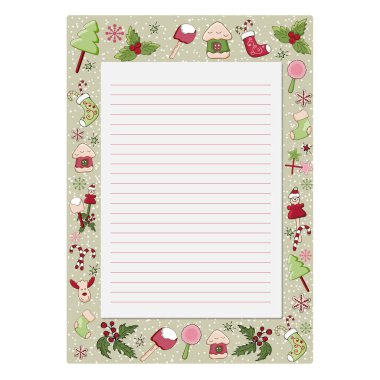 Yeni yıl ve Noel öğeleri ile ilgili notlar için broşür, Noel Baba, ökseotu, çorap, kar taneleri.