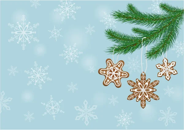 Noel, yeni yıl afişi, köknar dallarında zencefilli kurabiye ve mavi arka planda kar taneleri.. — Stok Vektör