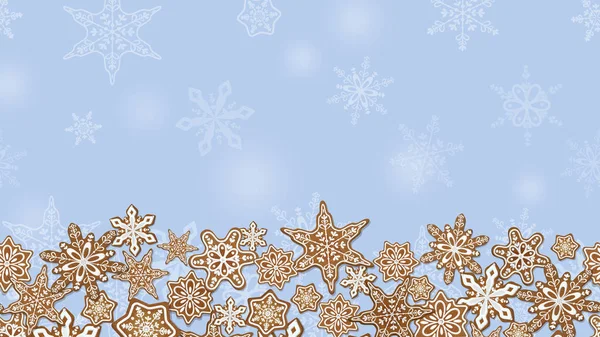 Noel, yeni yıl afişi, köknar dallarında zencefilli kurabiye ve mavi arka planda kar taneleri.. — Stok Vektör