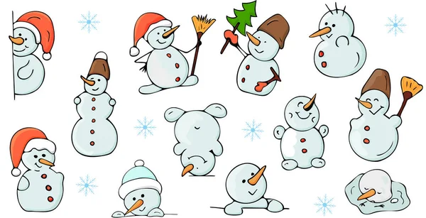 Conjunto de muñecos de nieve en varias poses. Navidad, Año Nuevo. Vector — Vector de stock