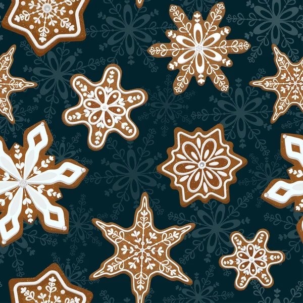 Biscoito de gengibre de Natal sem costura padrão na forma de estrelas e flocos de neve . — Vetor de Stock