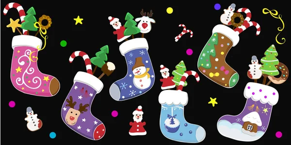 Conjunto de meias de Natal isoladas com presentes em um fundo preto. Ano Novo Natal . —  Vetores de Stock