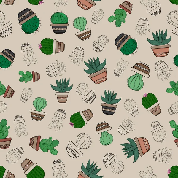 Cacti and succulents in pots on a seamless pattern. Vector pattern — Stock Vector