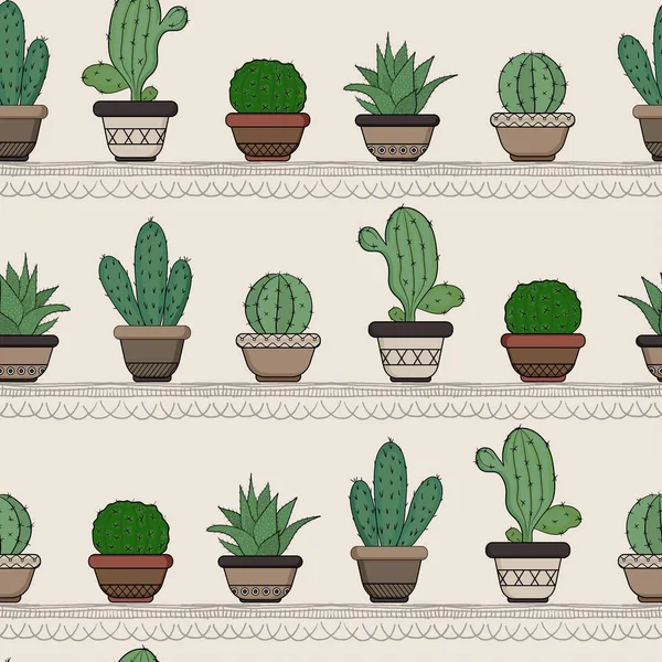 Pattern of cacti in flower pots horizontal arrangement — Stock Vector