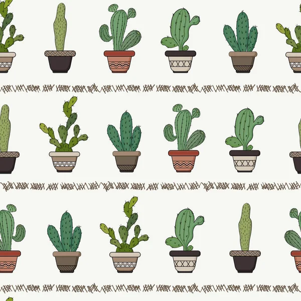 Cacti in flower pots. Horizontal pattern on a white background. — Stock Vector