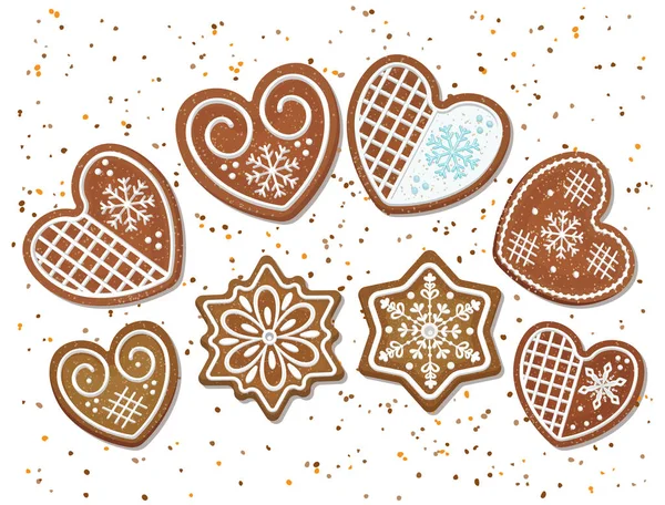 Biscoitos de gengibre de Natal na forma de corações e flocos de neve. Ilustração vetorial — Vetor de Stock