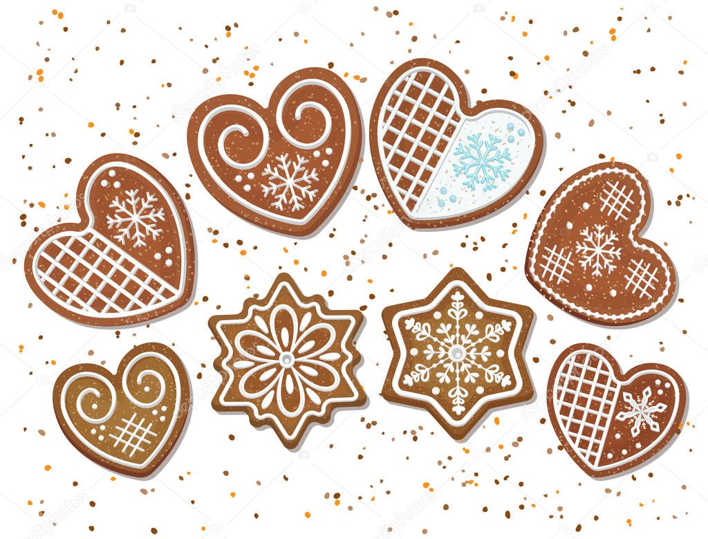 Christmas gingerbread cookies in the form of hearts and snowflakes. Vector illustration