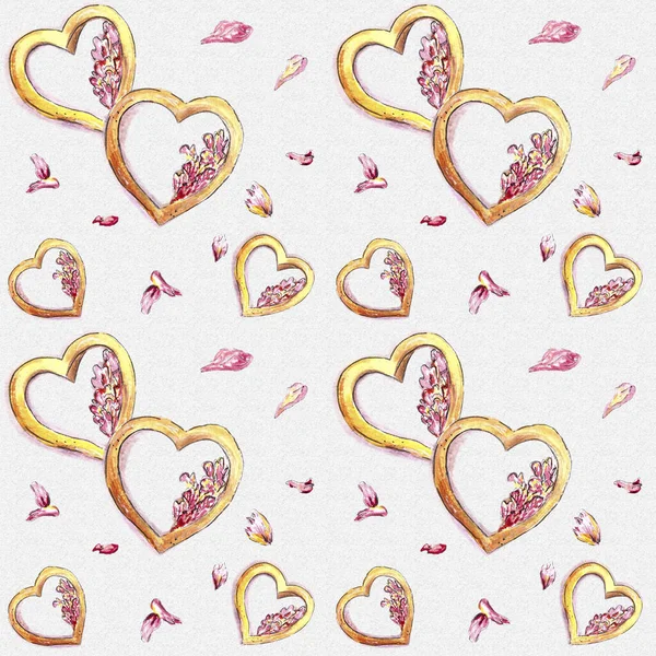 Seamless pattern with golden watercolor hearts with pink flowers and flower petals. — Stock Photo, Image