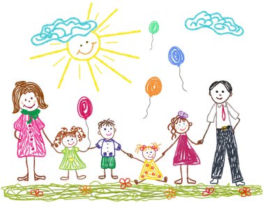 Anne, baba ve çocuklarla dost canlısı bir aile. Pastel boyalarla çizilmiş çocuk çizimleri.