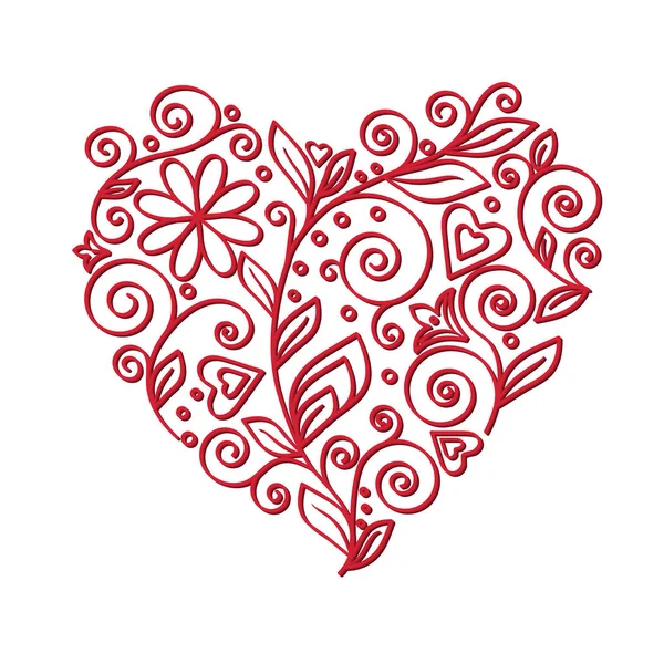 Openwork red heart with flower and curls. Vector — 스톡 벡터