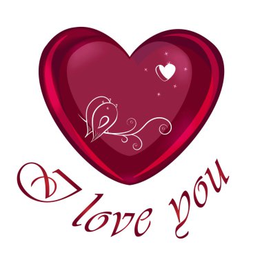 Kuşlarla dolu beyaz bir arka planda Webred-maroon kalbi ve seni seviyorum yazıtları.