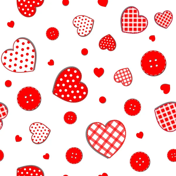 Seamless pattern with scattered polka dots and checkered hearts and red buttons. — 스톡 벡터