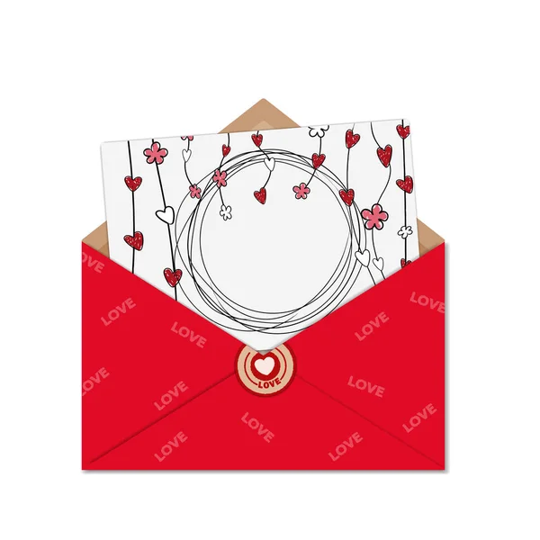 Grußkarte im Doodle-Stil mit romantischen Herzen und Leerraum für Ihren Text in einem roten offenen Umschlag. Glücklicher Valentinstag — Stockvektor