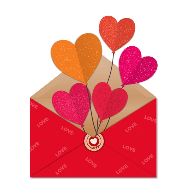 Papír lufik piros gratulációs borítékban. Valentin-nap — Stock Vector