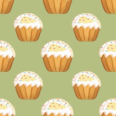 Seamless pattern with Easter cakes with sprinkles on an olive background
