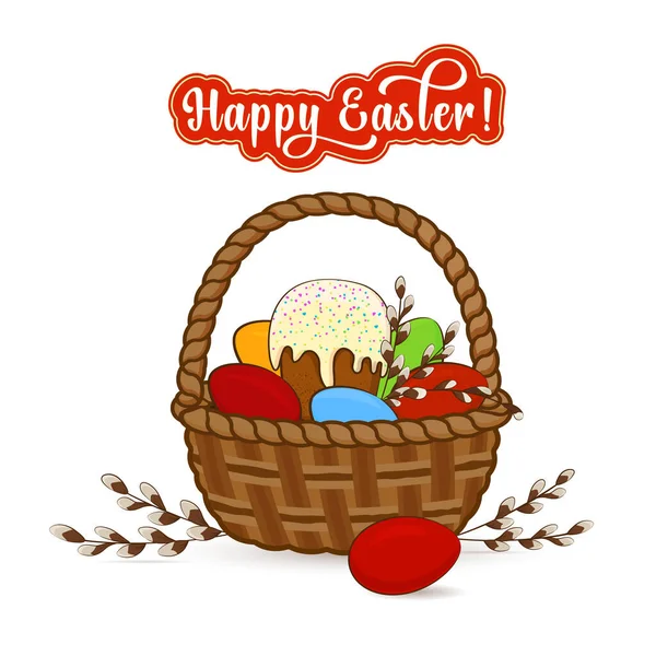 Pasen illustratie met paastaart, rode eieren en wilgentakken in een rieten mandje en de inscriptie Happy Easter — Stockvector