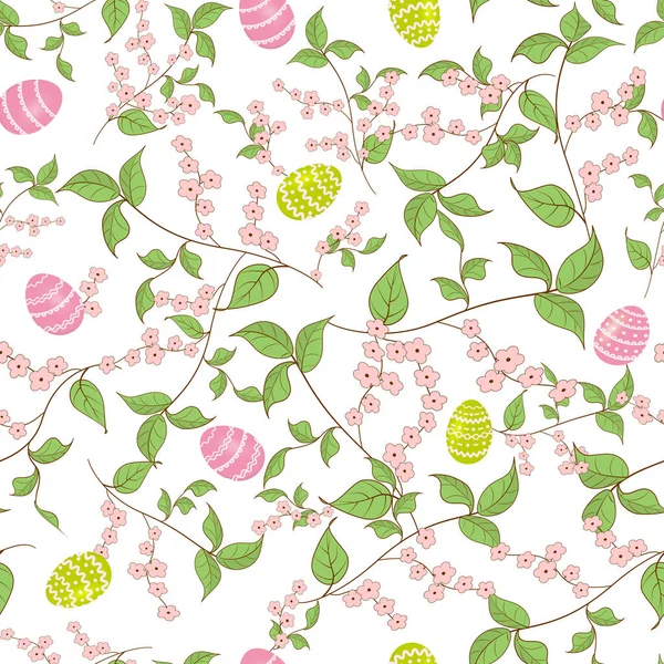 Pattern spring branches with pink flowers and easter eggs for gift wrapping, wallpaper, website. Easter. — Stock Vector