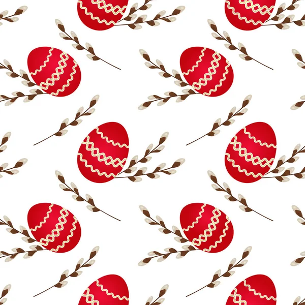 Patroon met rode paaseieren en poesje-wilg twijgen op een witte achtergrond — Stockvector
