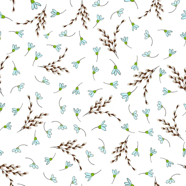 Seamless pattern with willow branches and the first spring flowers snowdrops — 스톡 벡터