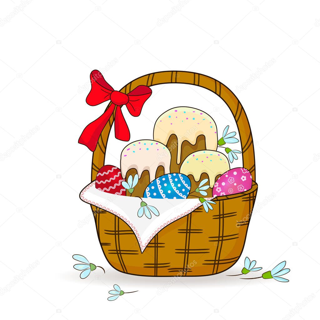 Easter illustration with easter cakes, red eggs and willow branches in wicker basket with red bow decoration