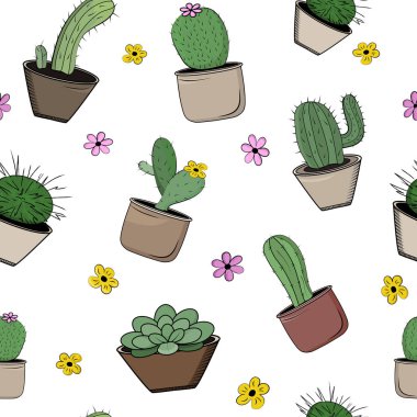 Çiçek saksılarında kaktüs olan kusursuz bir desen..