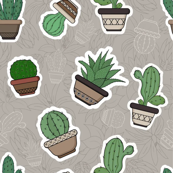 Cacti in flower pots in the form of stickers. Seamless pattern on a colored background. — Stock Vector