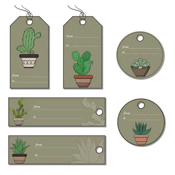 Set etiketten met cactussen in bloempotten. Vector — Stockvector