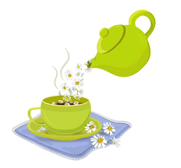甘菊茶。 用绿色茶壶和茶杯从迷迭香花中提取的健康茶杯来说明病媒. — 图库矢量图片