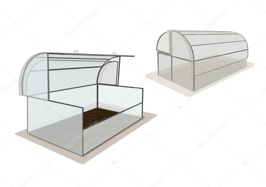 An illustration of two greenhouses. Closed and open greenhouses. Isolated objects on a white background. Vector