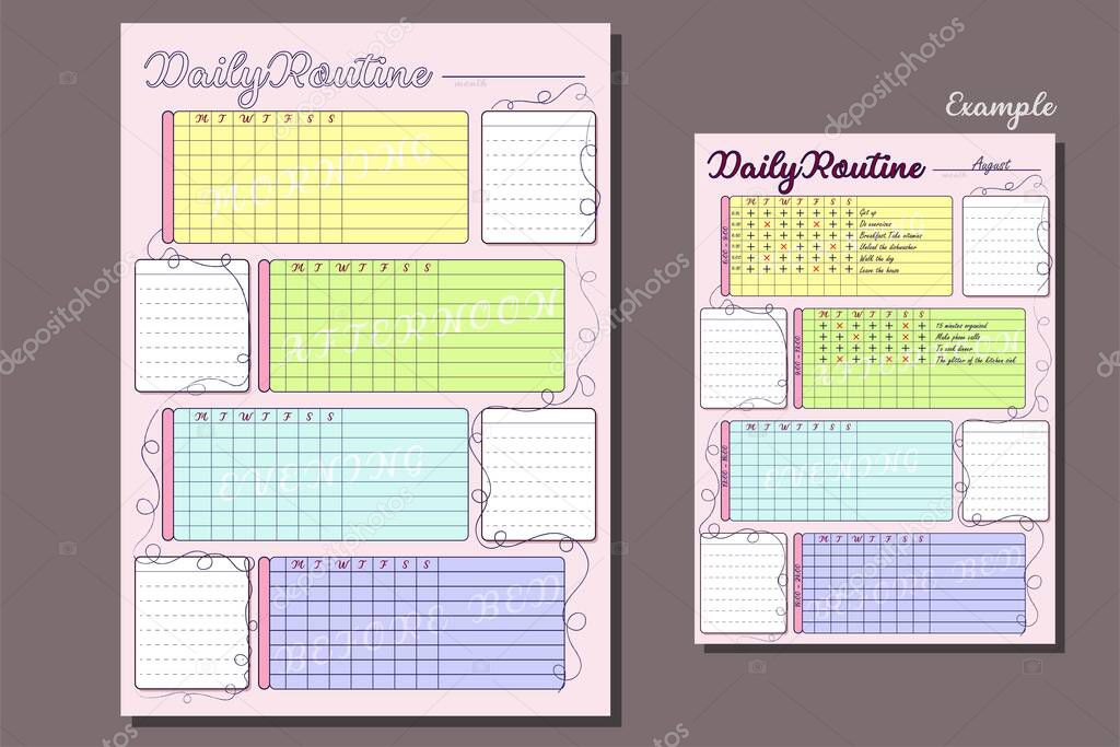 A daily activity and habits tracking sheet by day of the week. Weekly Habit List. Vector