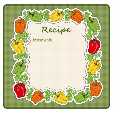 Kayıt tarifi için yaprak çerçeve, diyet, renkli biber ve maydanozlu malzemeler. Vektör