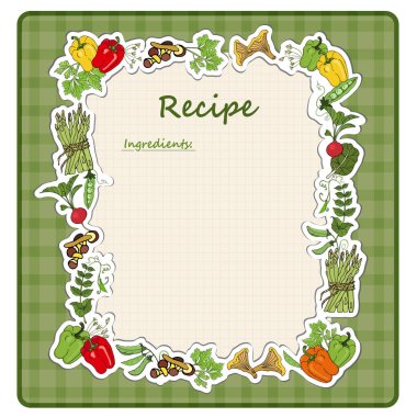 Yemek tarifleri, diyetler, sebze çerçeveli malzemeler yazmak için çarşaf. Sağlıklı beslenme. Vektör