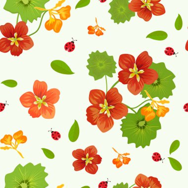 Kusursuz desenli nasturtium çiçekleri ve arka planda uğur böcekleri. Vektör
