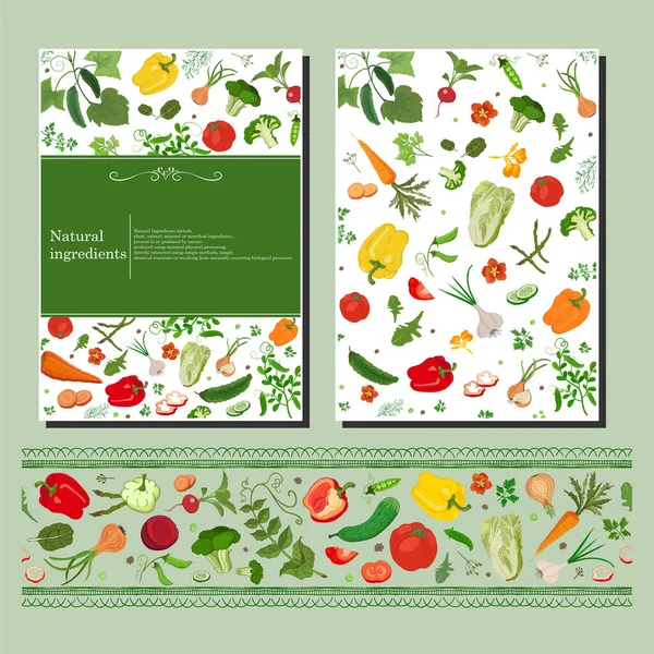 Zwei Seiten Flyer Und Nahtlose Grenze Mit Gemüse Und Floralen — Stockvektor