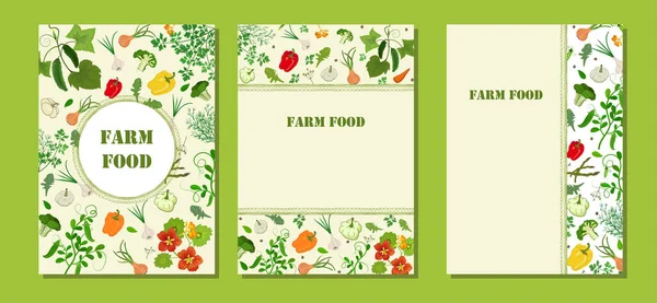 Conjunto Banderas Verduras Del Mercado Agricultores Con Verduras Elementos Florales — Archivo Imágenes Vectoriales