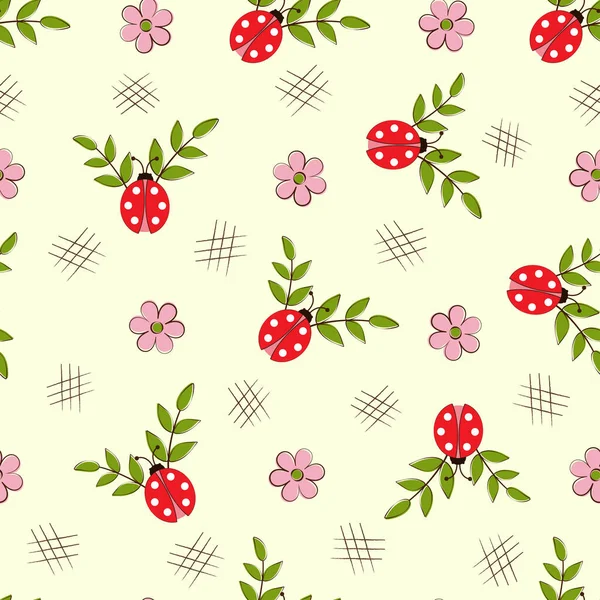 Seamless Pattern Ladybugs Flowers White Background Flat Style Vector — Stock Vector