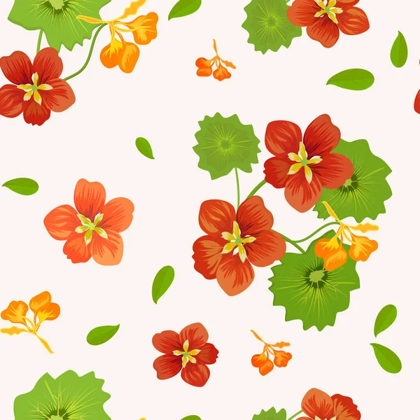 Seamless Pattern Flowers Leaves Nasturtium Light Background Vector — Stock Vector