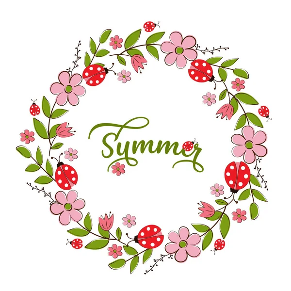 Floral Στεφάνι Καλοκαίρι Πασχαλίτσες Και Την Επιγραφή Καλοκαίρι Επίπεδη Στυλ — Διανυσματικό Αρχείο