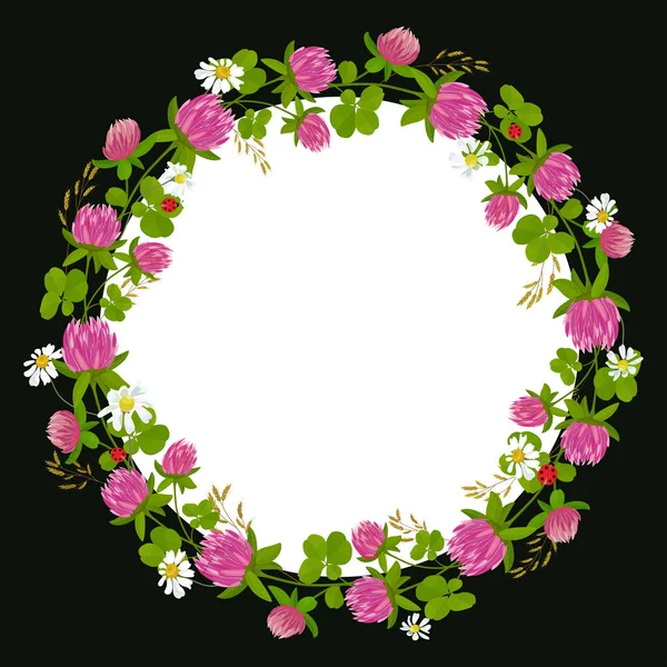 Une Couronne Trèfle Rose Marguerites Cadre Rond Avec Des Herbes — Image vectorielle