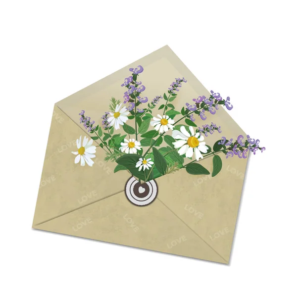 Bouquet Daffodils Open Mail Envelope Inscription Love Vector Illustration — Stock Vector