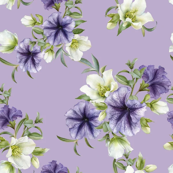 Petunyaların ve Karaca ot ile çiçek seamless modeli