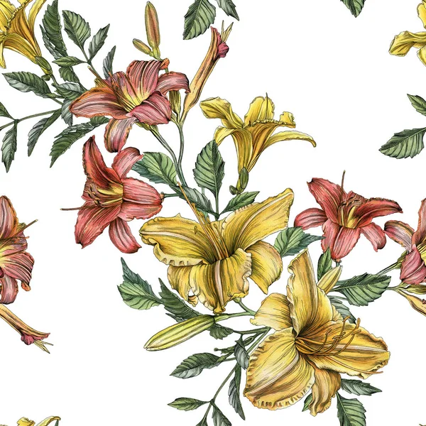 Floral seamless pattern with watercolor daylilies — Stock Photo, Image