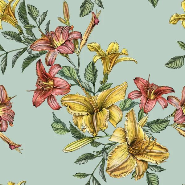 Akvarell daylilies a varrat nélküli virágmintás — Stock Fotó